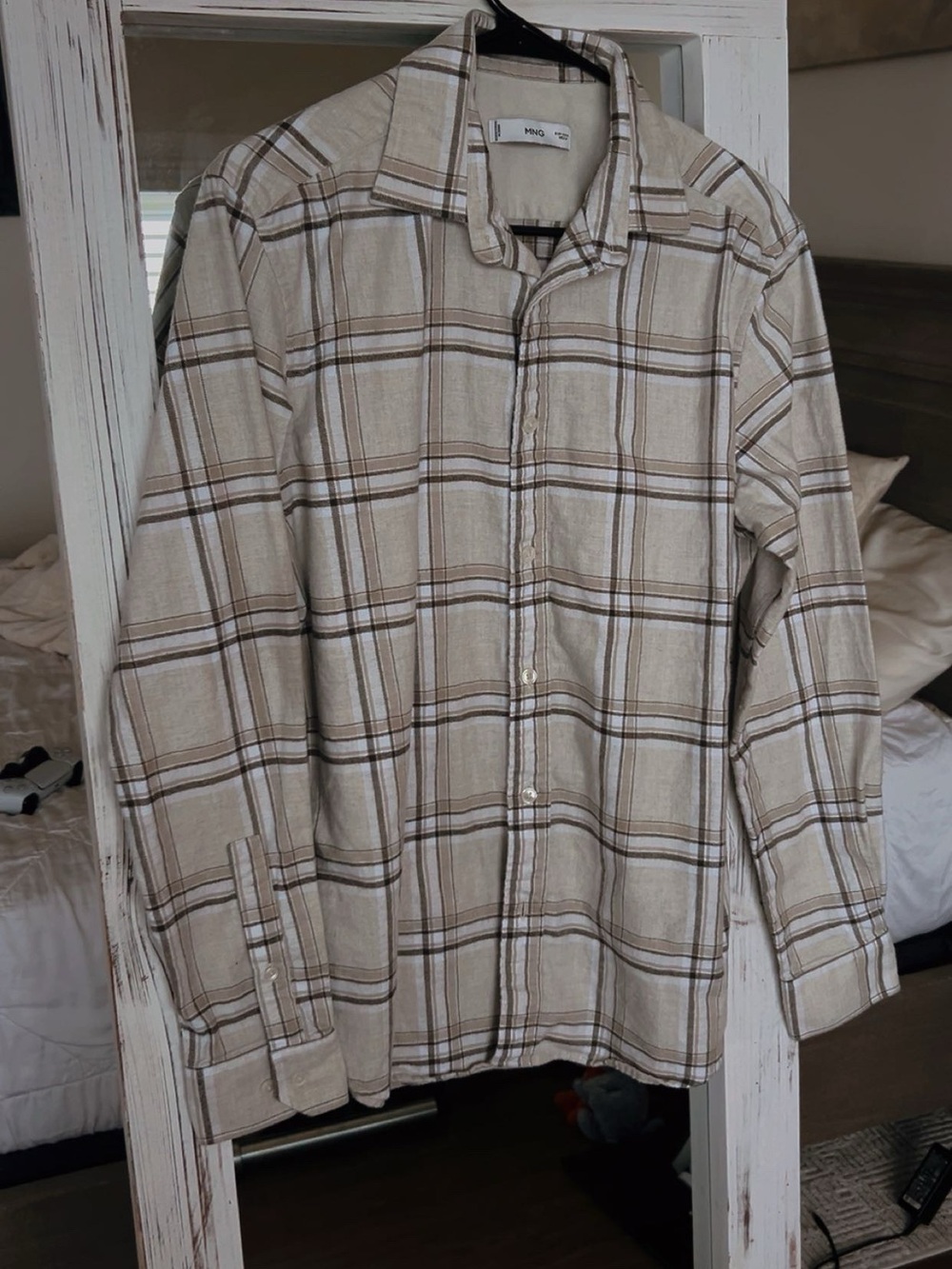 Mango Men's Medium Beige and Brown Plaid Lightweight Shirt Jacket